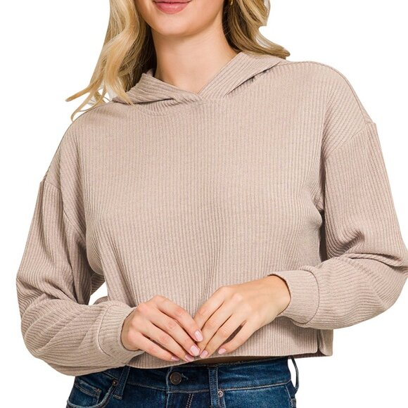 Zenana Drop Shoulder Ribbed Crop Hoodie - Picture 1 of 3